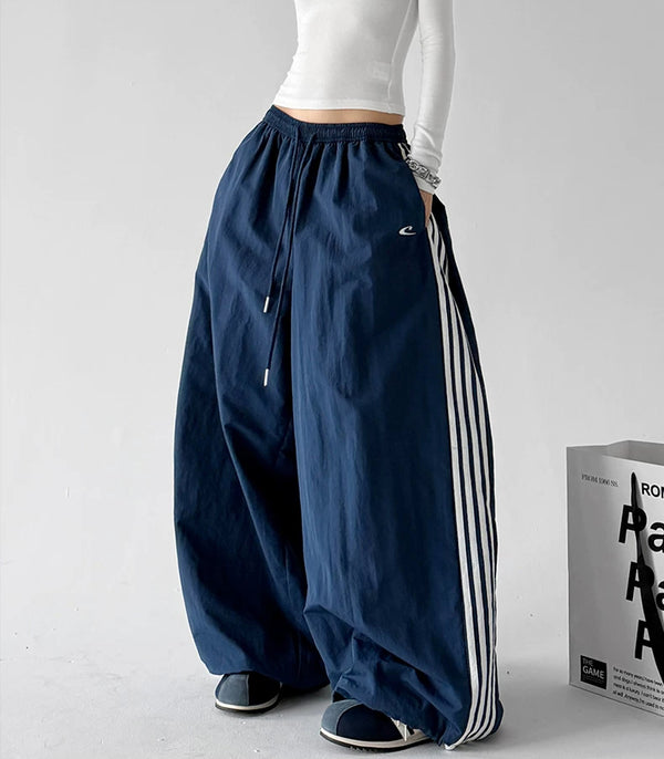 Navy Blue side-stripe wide-leg pants front - CT66303