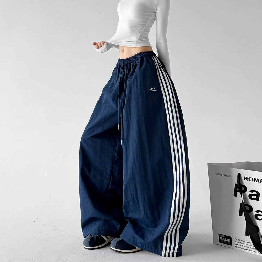 Navy Blue side-stripe wide-leg pants side - CT66303