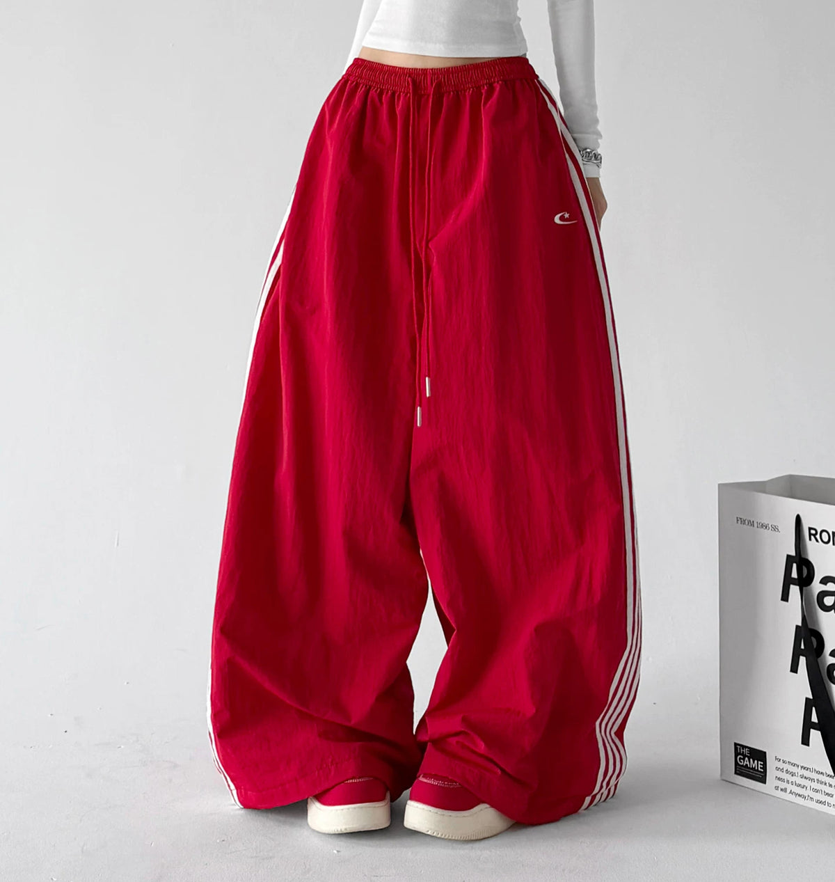 Red side-stripe wide-leg pants back - CT66303