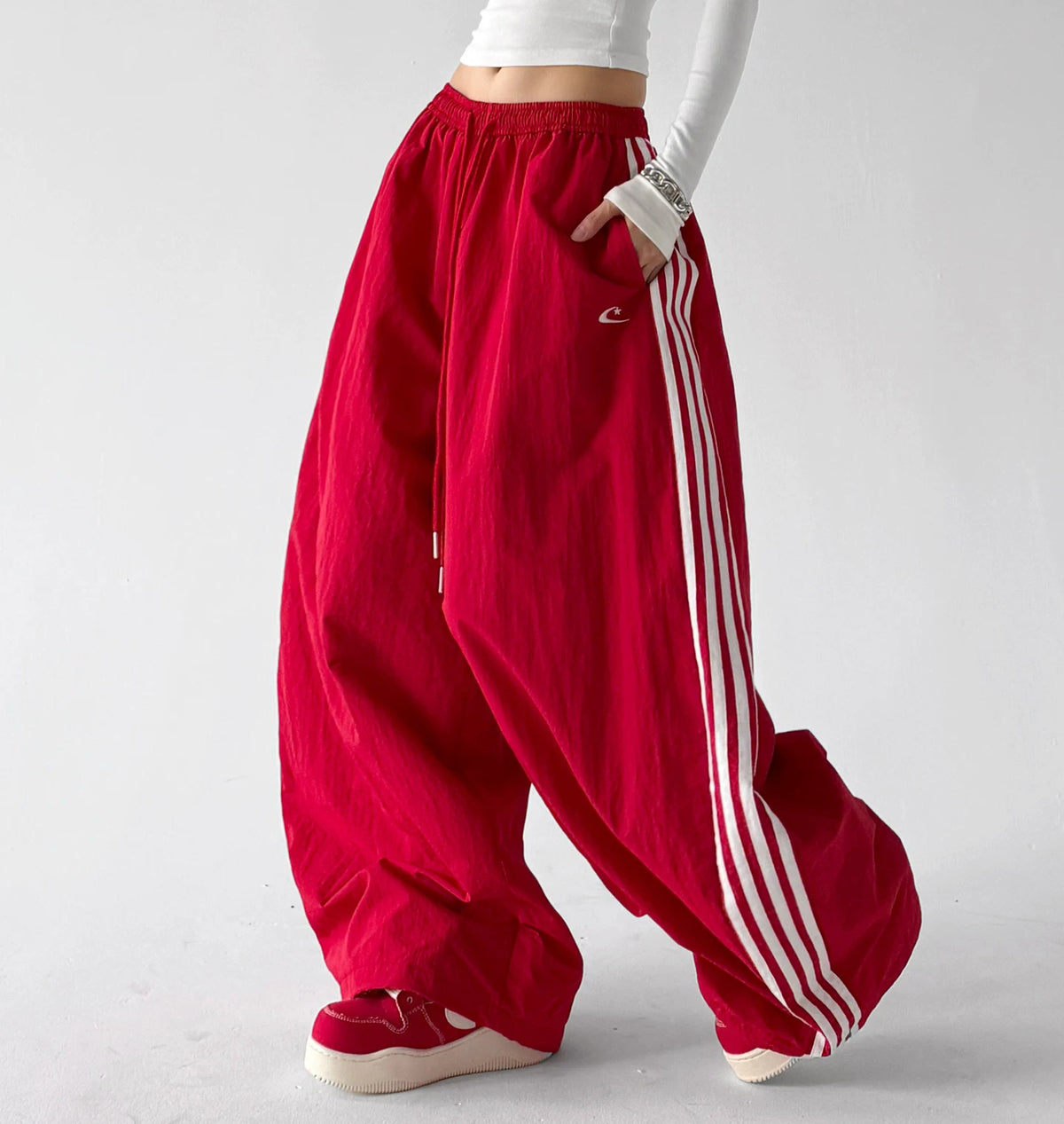Red side-stripe wide-leg pants side step - CT66303