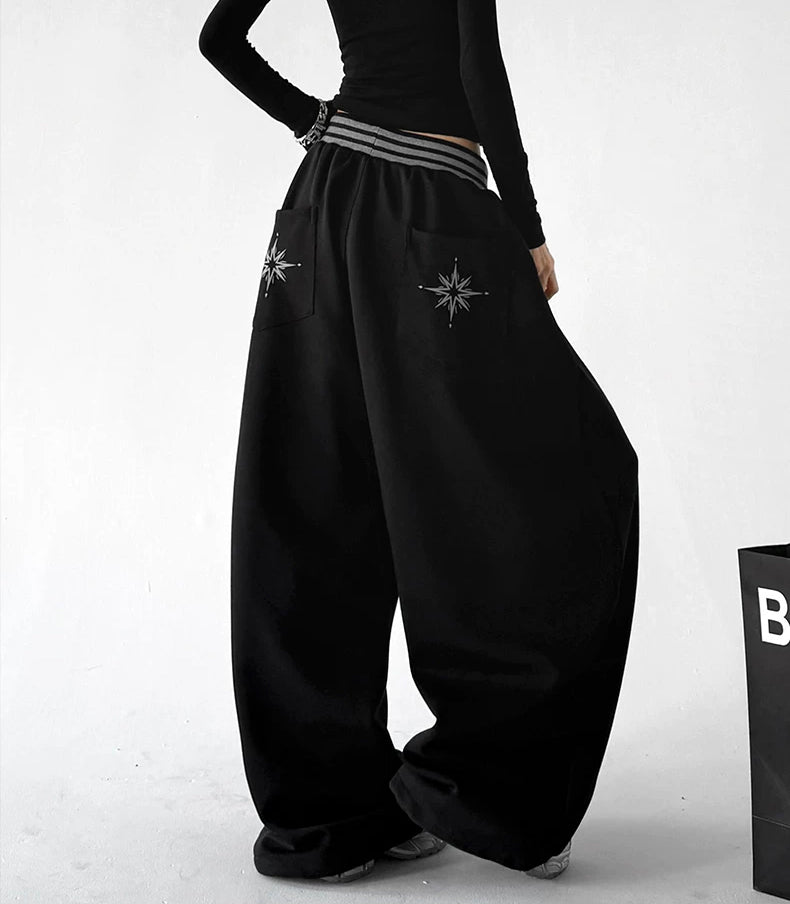 Black striped-waist wide-leg pants angled back - CT66304