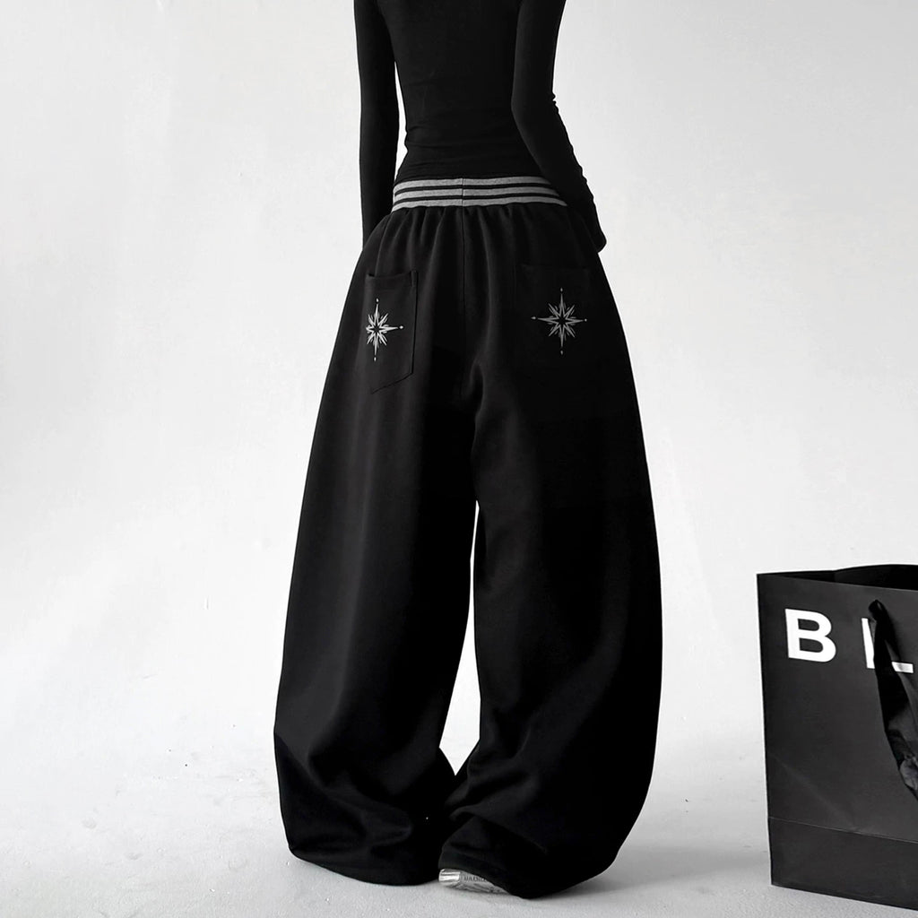 Black striped-waist wide-leg pants back - CT66304
