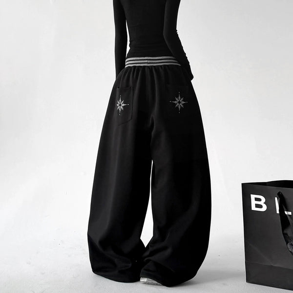 Black striped-waist wide-leg pants back - CT66304