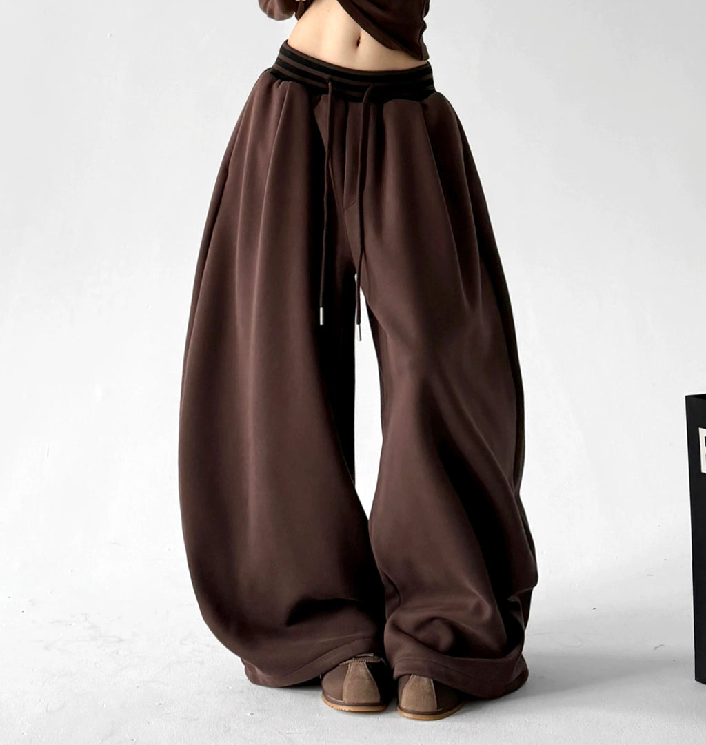Brown striped-waist wide-leg pants front hem - CT66304