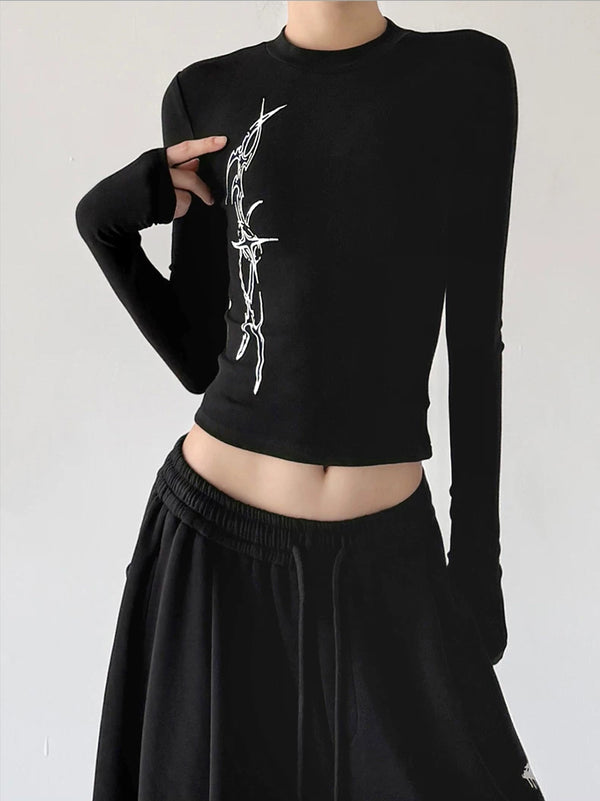 Black graphic long-sleeve top chest detail - CT66308