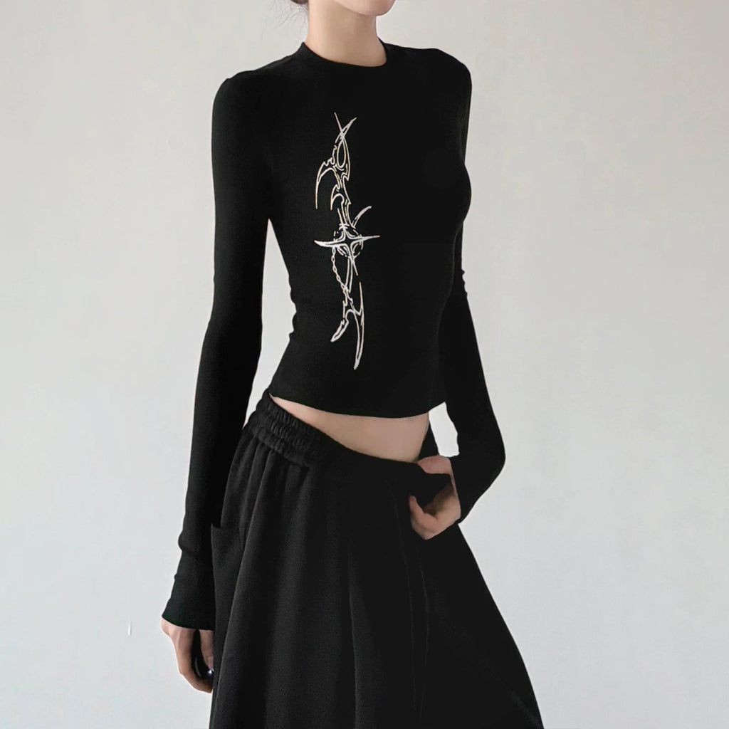 Black graphic long-sleeve top front - CT66308