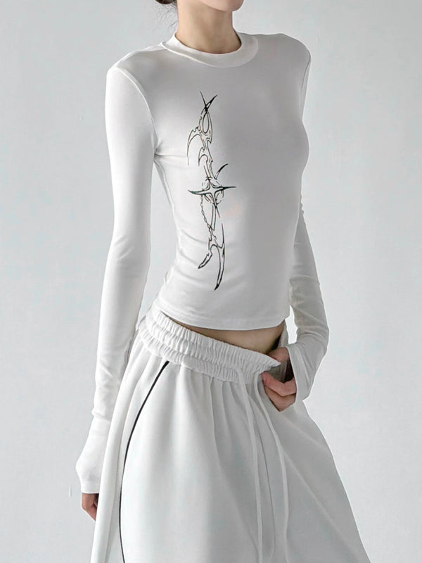 White graphic long-sleeve top side - CT66308