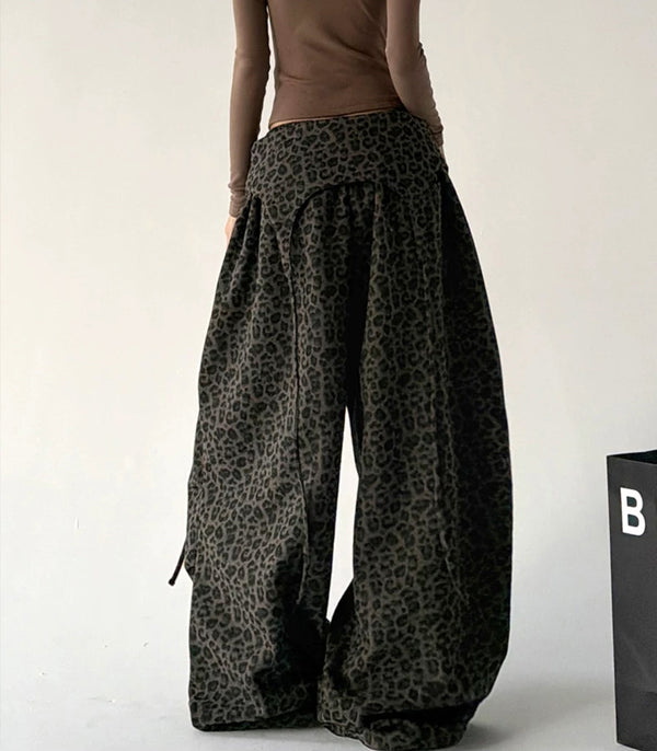 Army Green leopard-print wide-leg pants back - CT66311