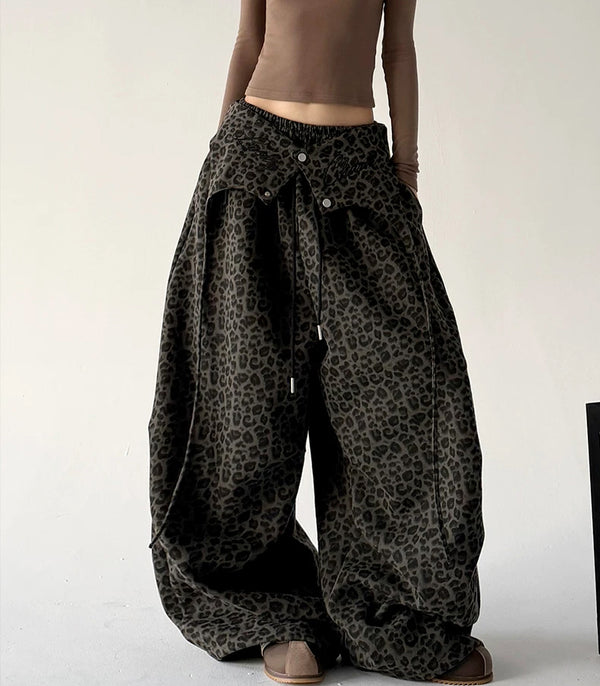 Army Green leopard-print wide-leg pants side - CT66311
