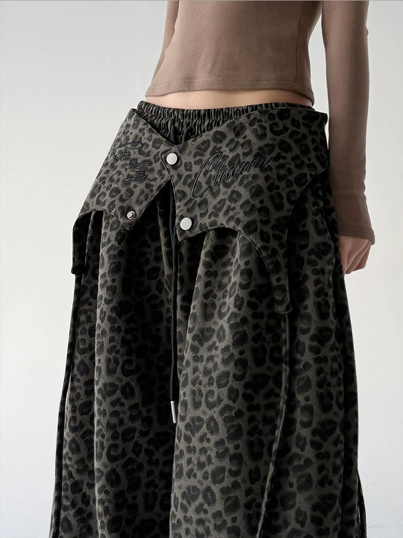 Army Green leopard-print wide-leg pants waist detail - CT66311