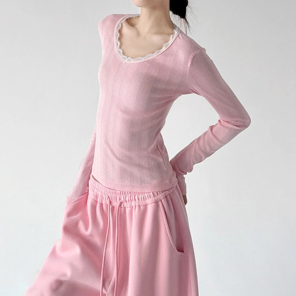 Pink lace-trim long-sleeve top side - CT66319