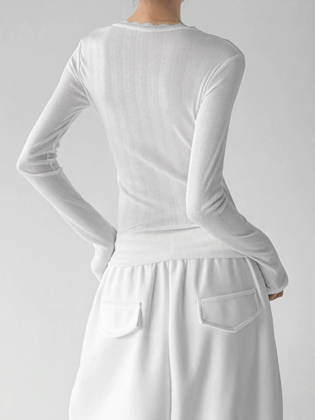 White lace-trim long-sleeve top back - CT66319