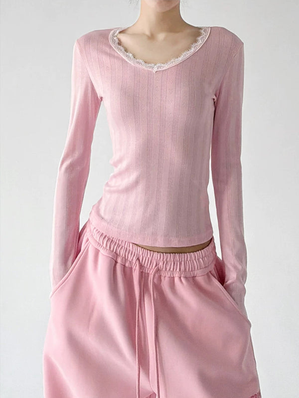 Pink lace-trim long-sleeve top front - CT66319