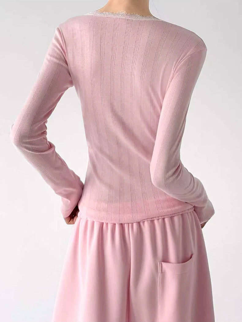 Pink lace-trim long-sleeve top back - CT66319