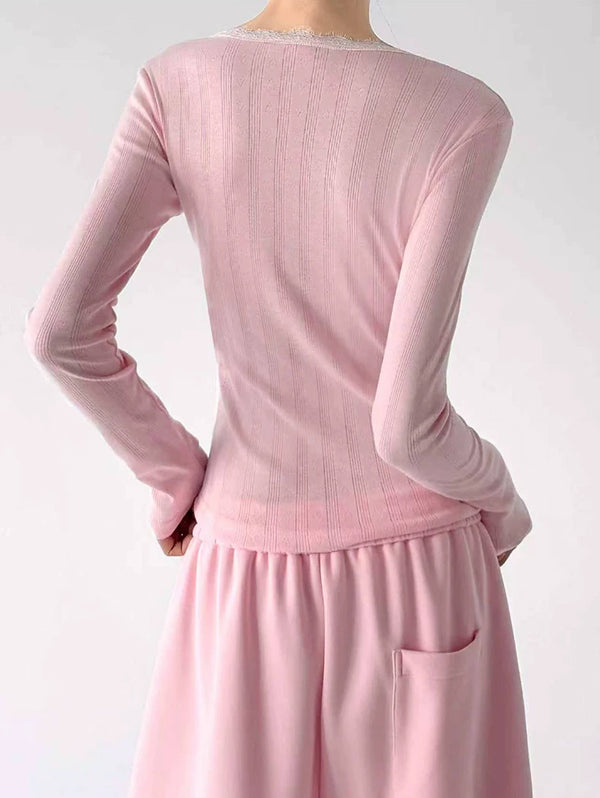 Pink lace-trim long-sleeve top back - CT66319