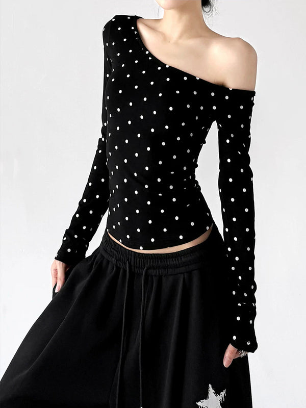 Black polka-dot one-shoulder long-sleeve top side - CT66322
