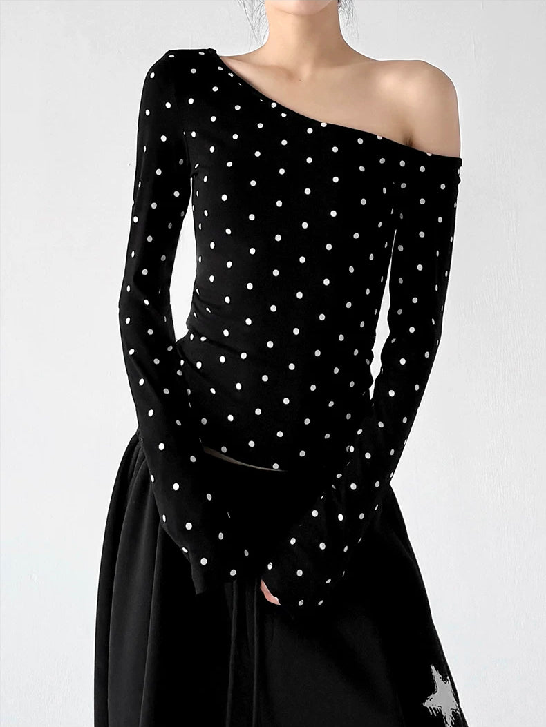 Polka-Dot Off-Shoulder Long-Sleeve T-Shirt 서브 이미지
