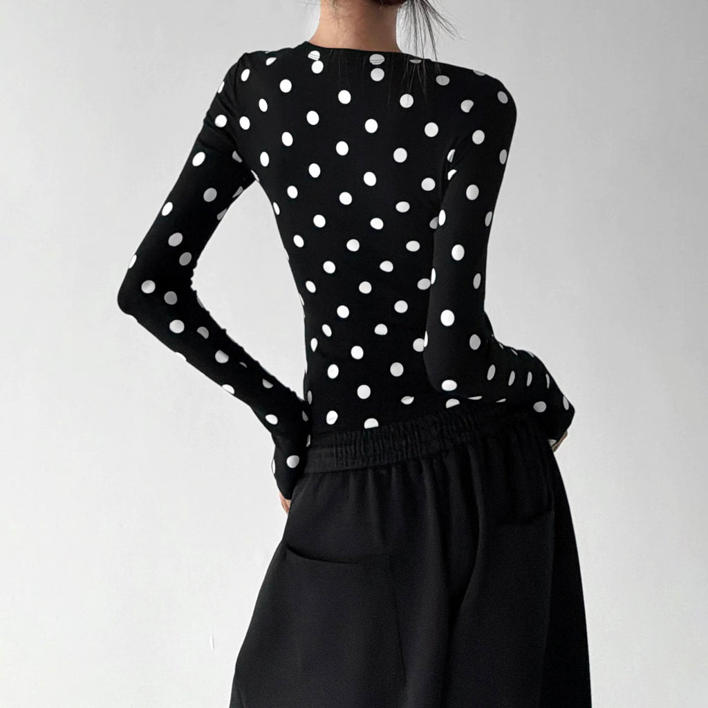 Black polka-dot long-sleeve top back - CT66327