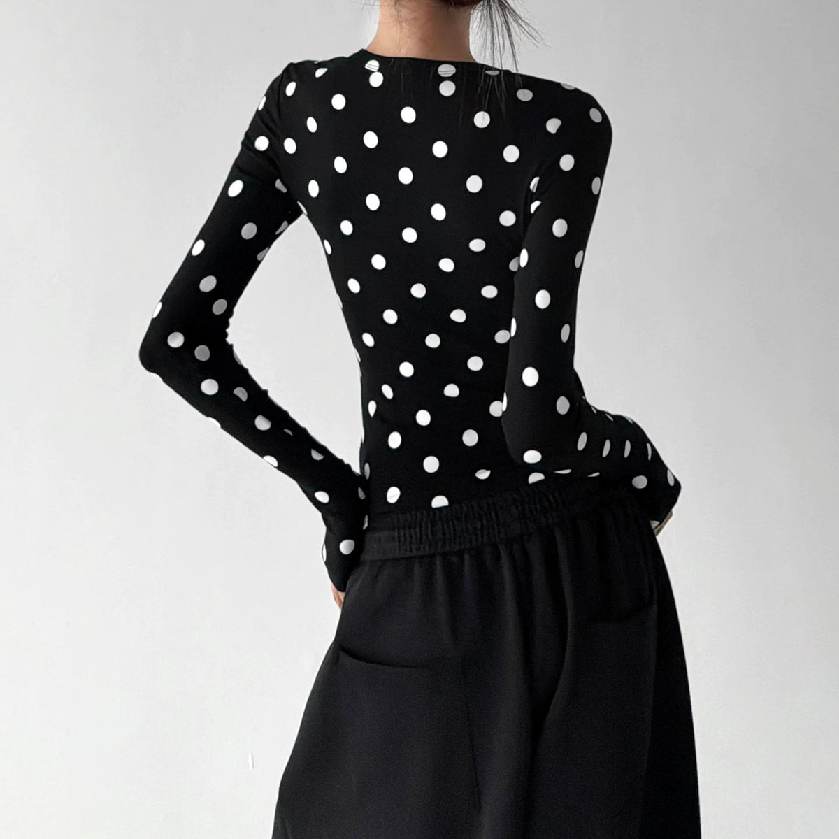 Black polka-dot long-sleeve top back - CT66327