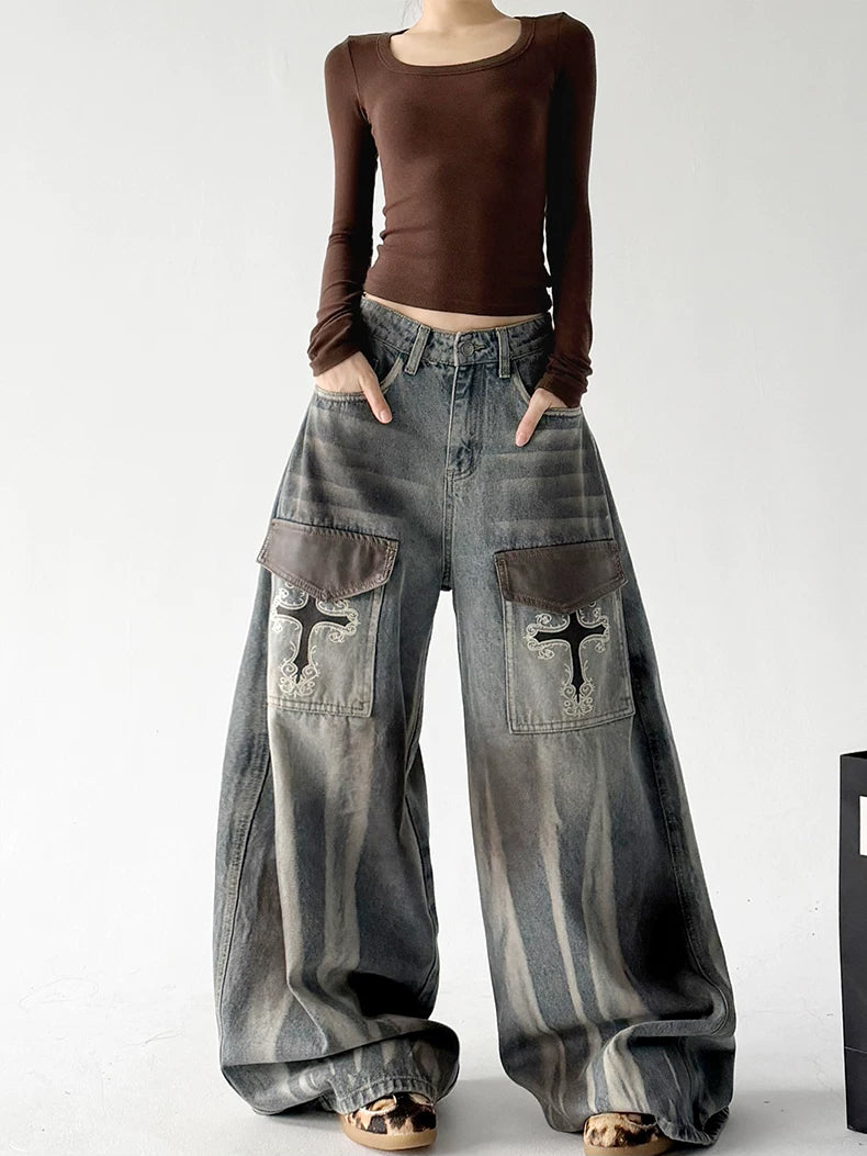 Vintage Blue Gray patch pocket baggy jeans, front hands view