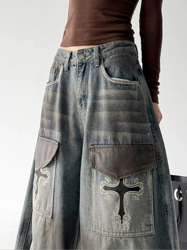 Vintage Blue Gray patch pocket baggy jeans, waist detail view
