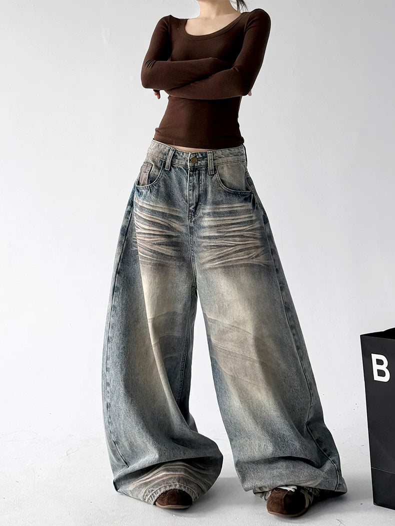 Blue washed wide leg jeans, styling view view