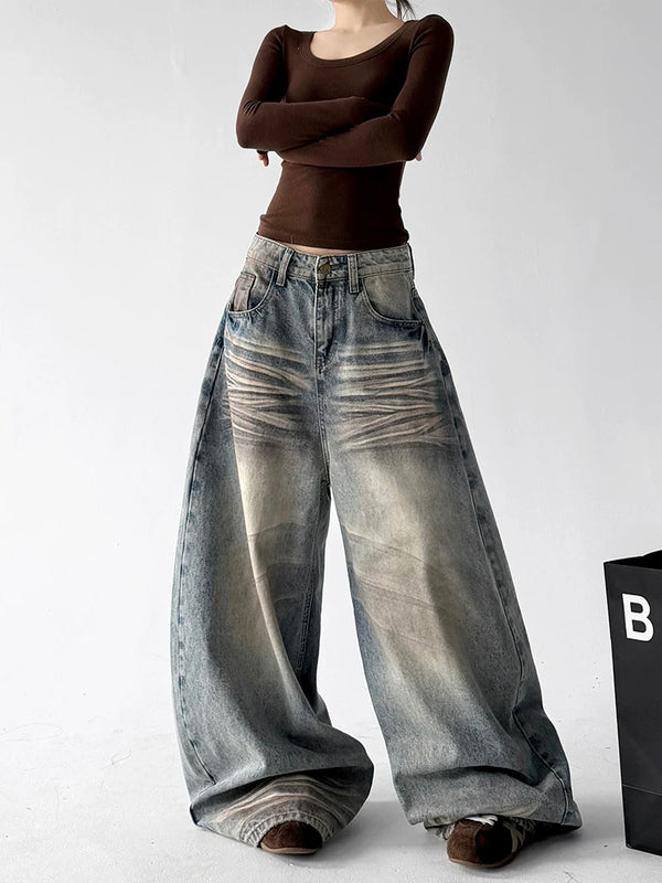 Blue washed wide leg jeans, styling view view