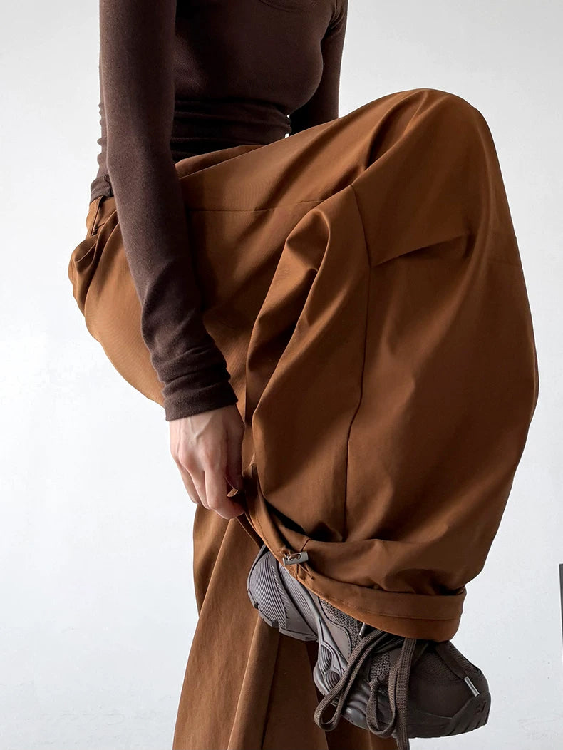 Caramel pleated baggy pants raised leg detail - CT822