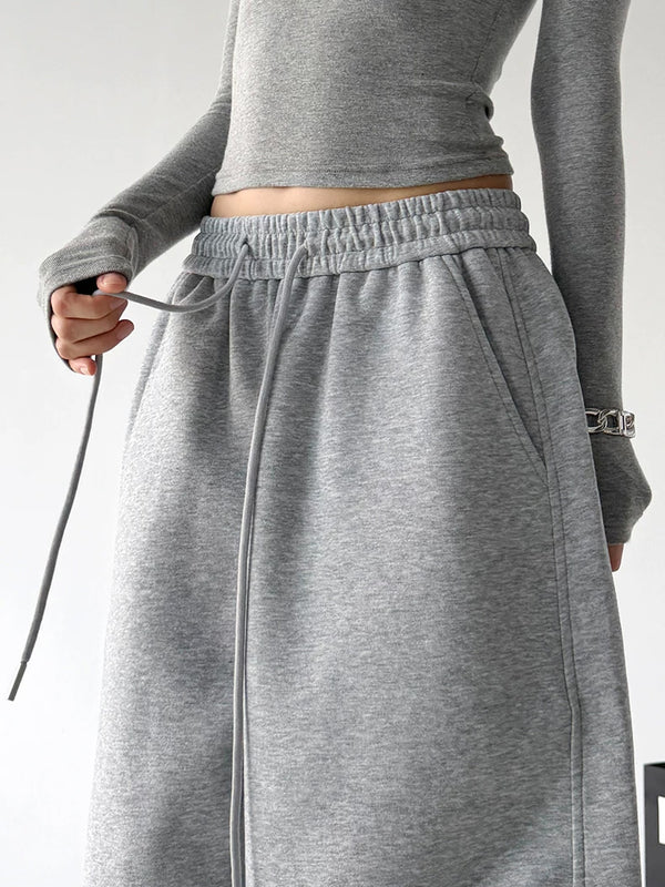 Gray drawstring wide-leg pants waist detail - CT873