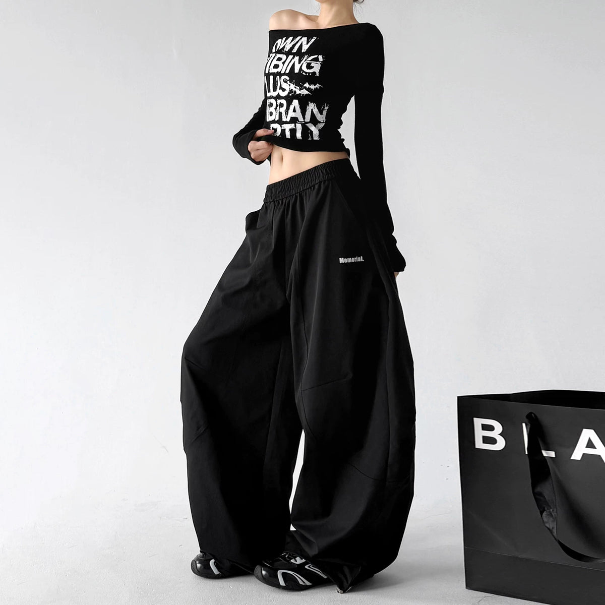 Black wide-leg pants, front view