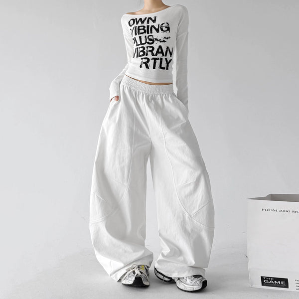 White letter detail wide leg pants, front view