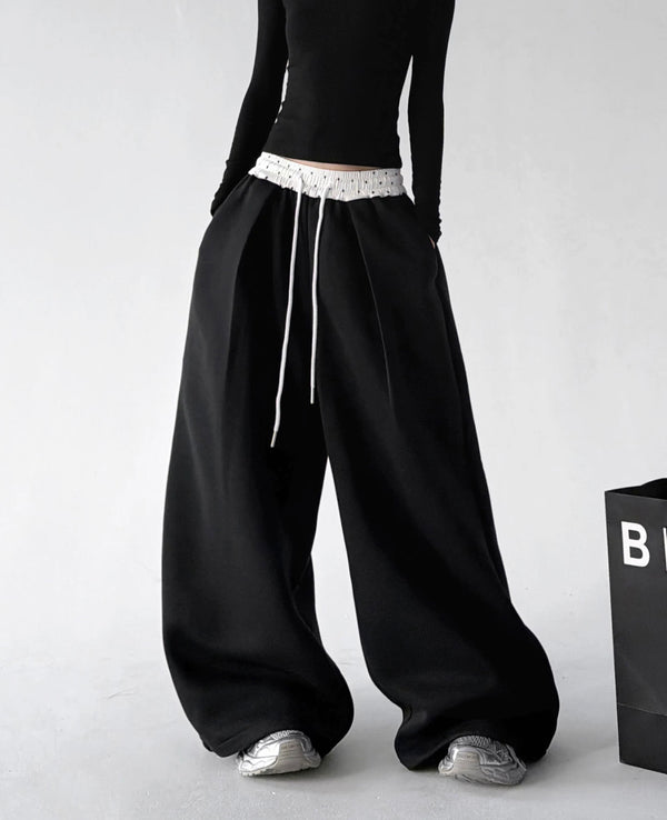 Black contrast waist wide leg pants, front alternate view
