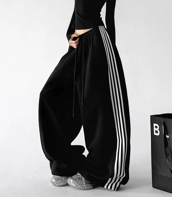 Black wide leg pants, side view