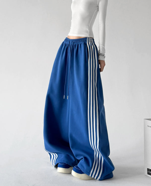 Blue wide leg pants, back view
