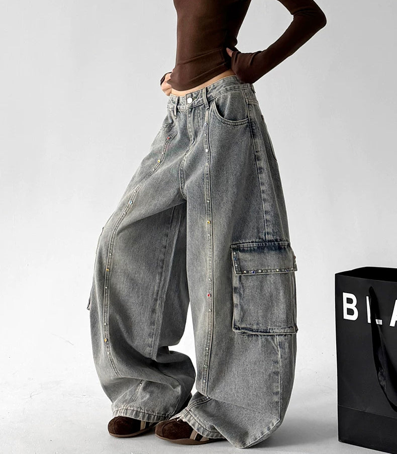 Light Blue cargo wide leg jeans, angled front view