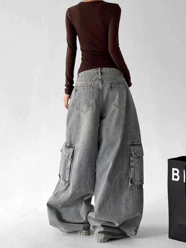 Light Blue cargo wide leg jeans, back view