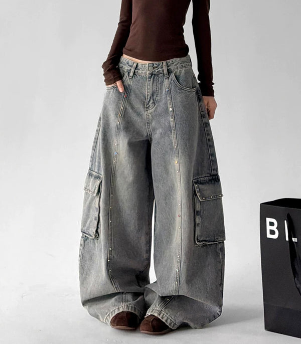 Light Blue cargo wide leg jeans, front view