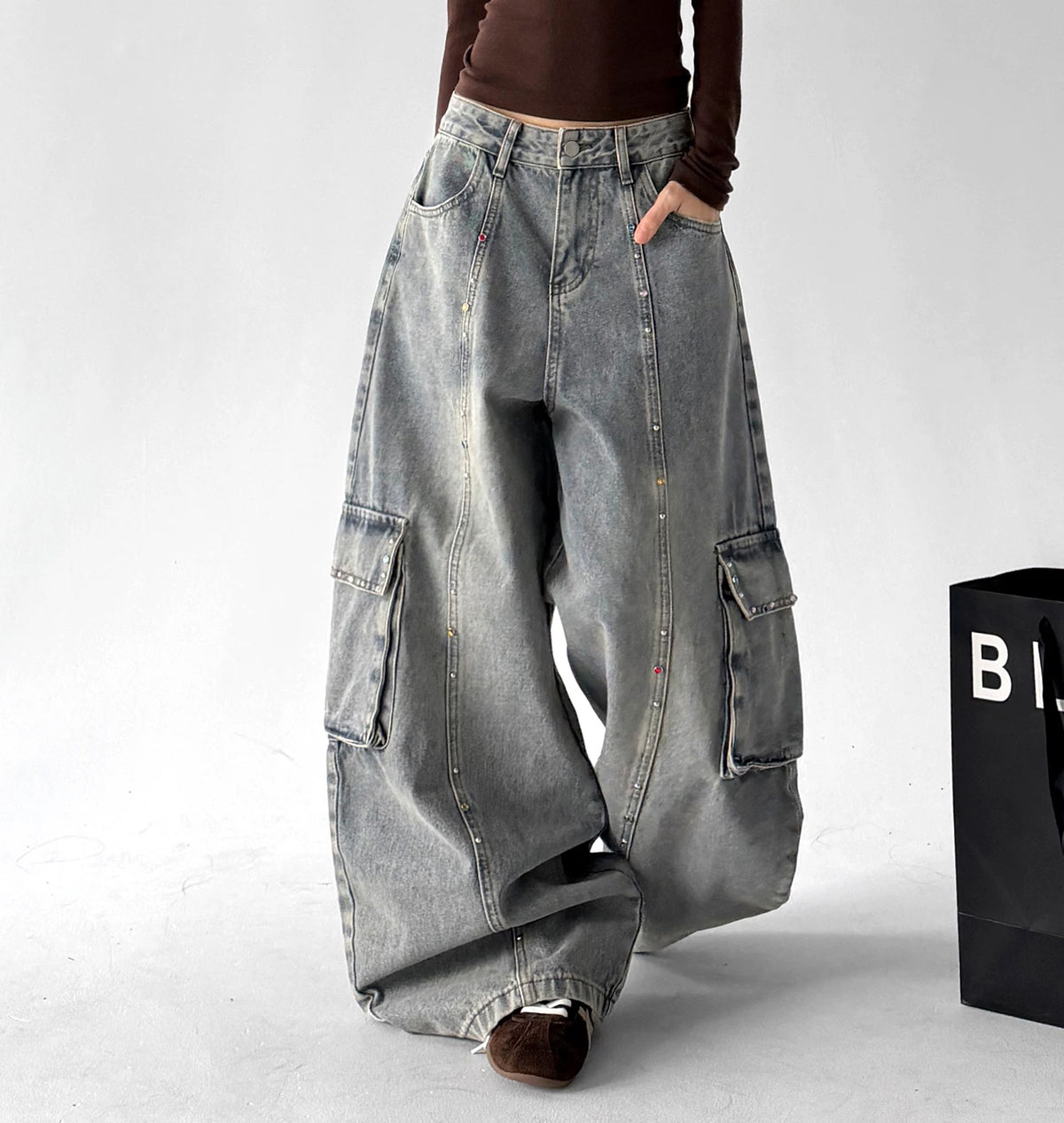 Light Blue cargo wide leg jeans, walking view view