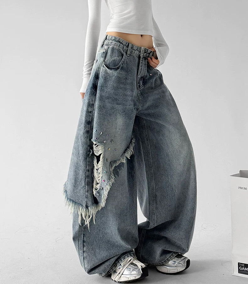 Blue fringe baggy jeans, angled front view