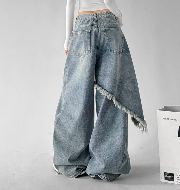 Blue fringe baggy jeans, back view