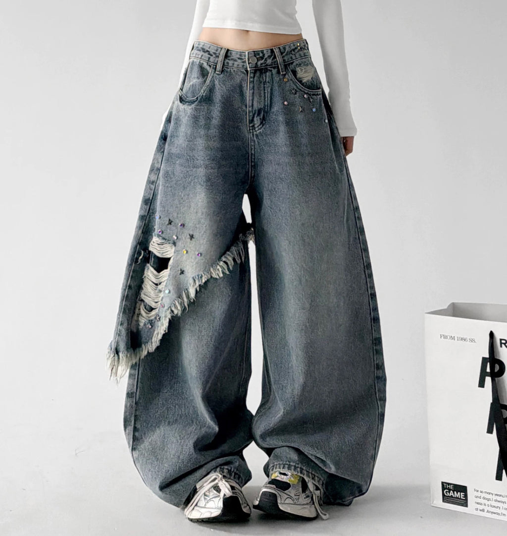 Blue fringe baggy jeans, front view