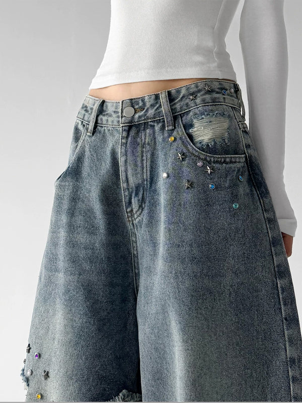 Blue fringe baggy jeans, waist detail view