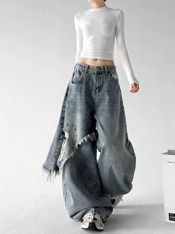 Blue fringe baggy jeans, walking view view