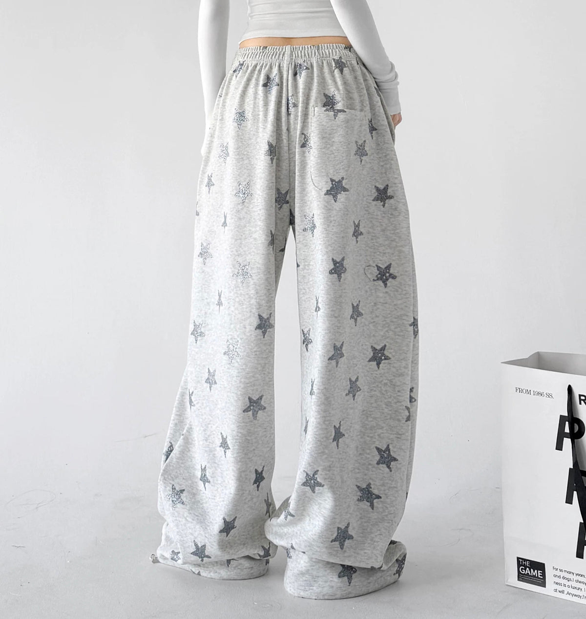 Light Heather Gray wide leg pants, back view