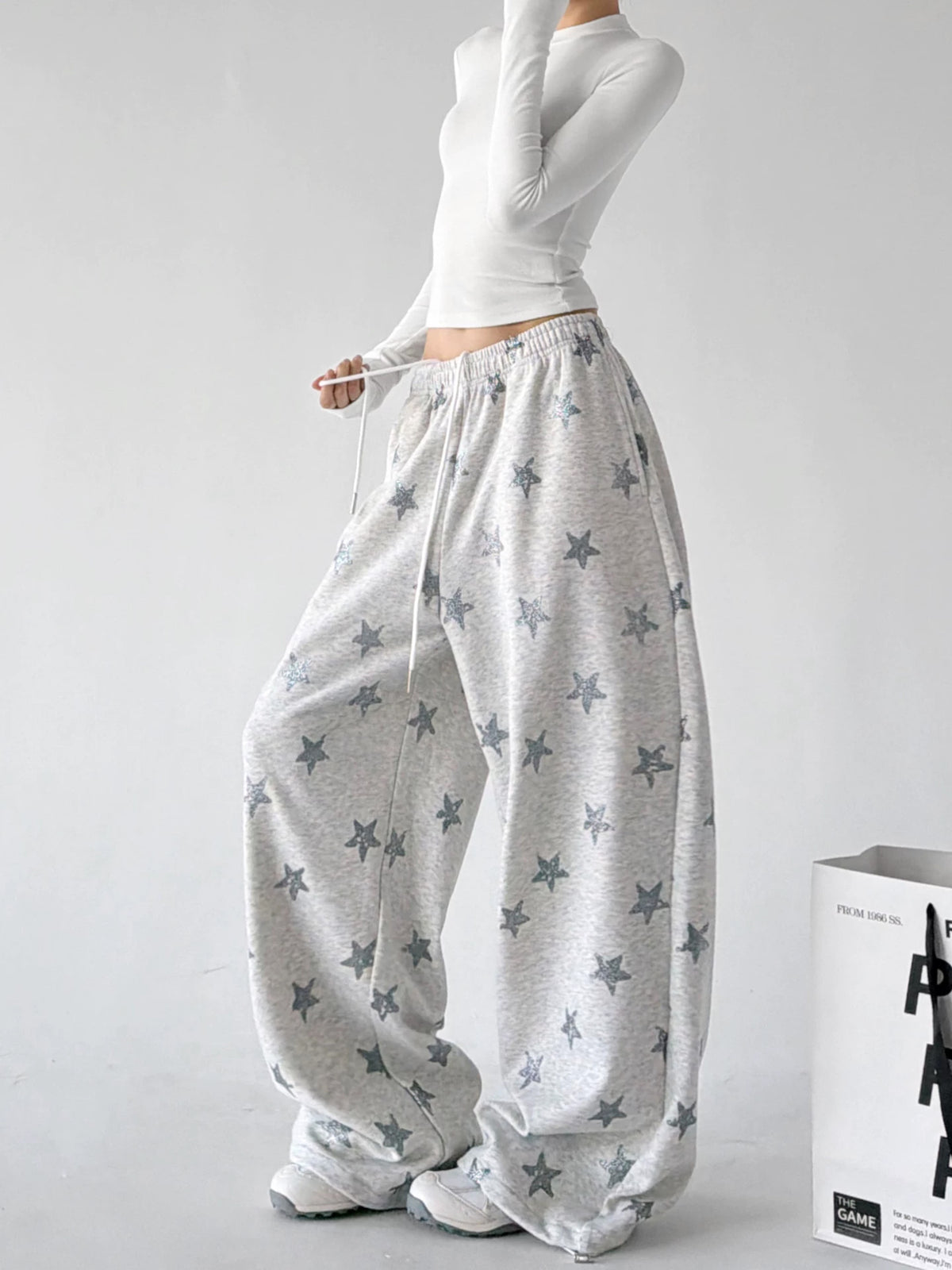 Light Heather Gray wide leg pants, side view