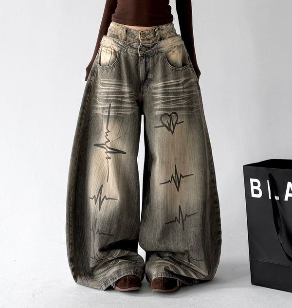 Gray graphic washed jeans, front view