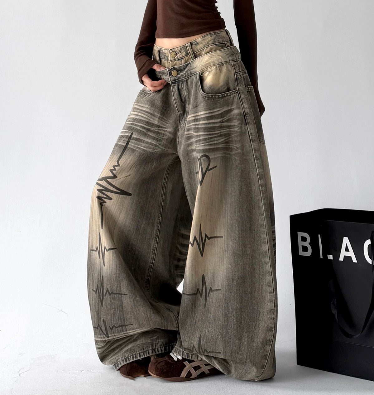 Gray graphic washed jeans, front alternate view