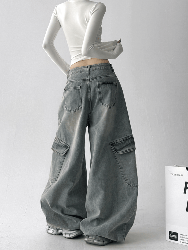 Curved-Seam Washed Wide-Leg Jeans Main Image