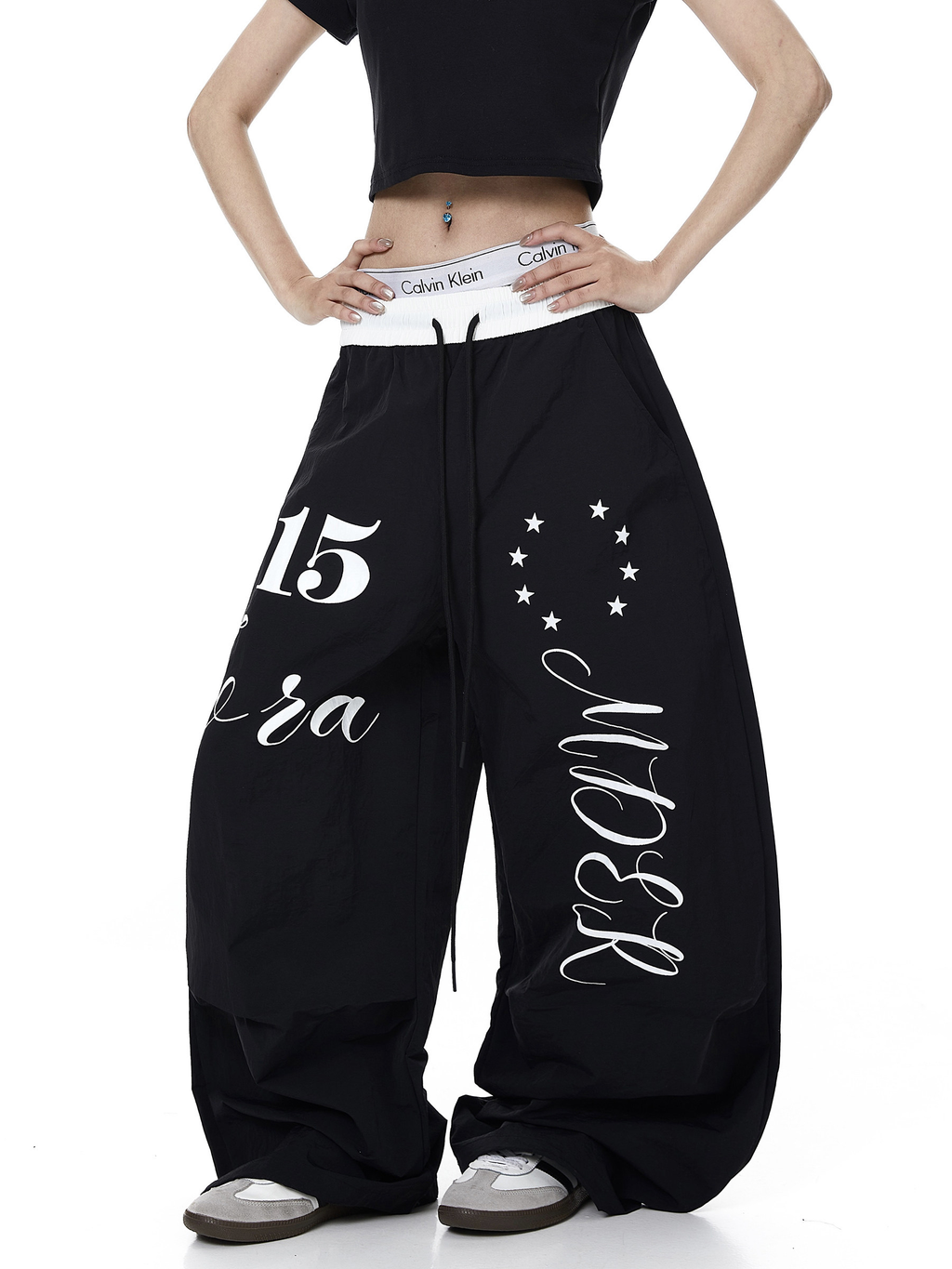 Color-Block Letter Print Parachute Pants