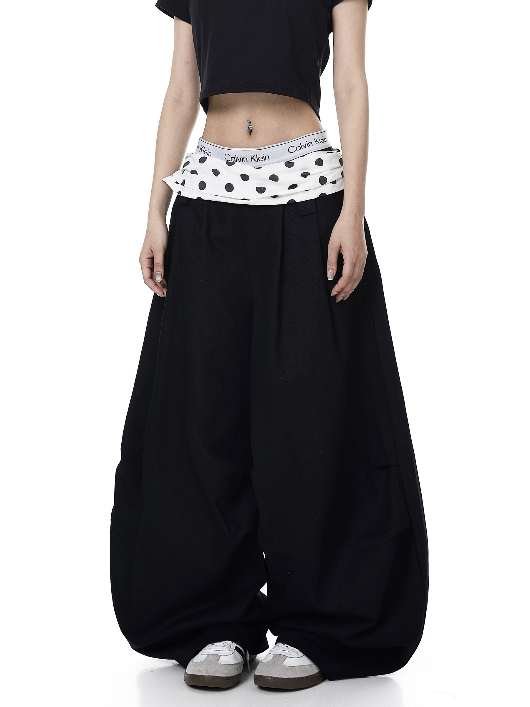 Polka Dot Fold-Over Waist Parachute Pants